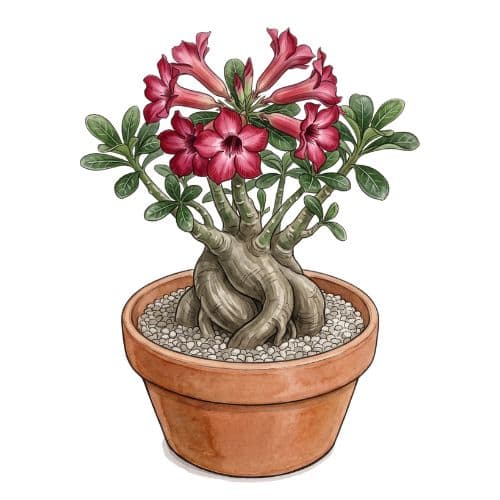 Adenium obesum, rosa-do-deserto com caudex engrossado e flores