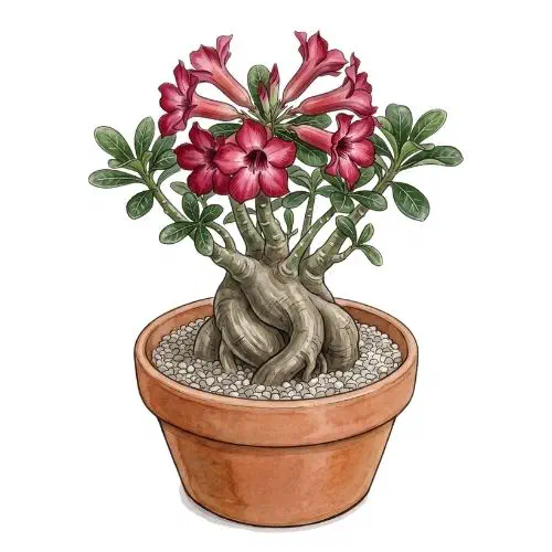 Adenium obesum, rosa-do-deserto com caudex engrossado e flores