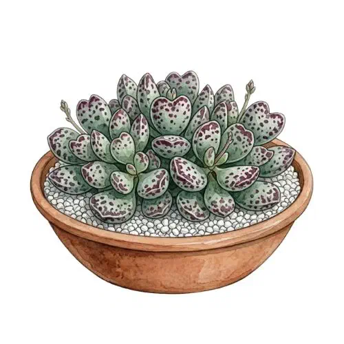 Adromischus maculatus com folhas achatadas arredondadas cobertas de manchas escuras