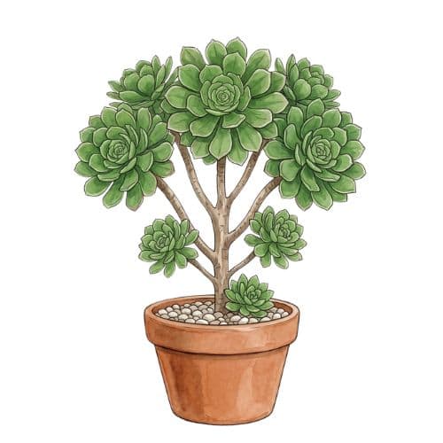 Aeonium arboreum, suculenta de rosetas no topo de caules ramificados