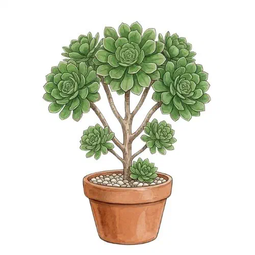 Aeonium arboreum, suculenta de rosetas no topo de caules ramificados