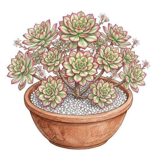 Aeonium haworthii com várias rosetas pequenas de bordas rosadas em ramos finos