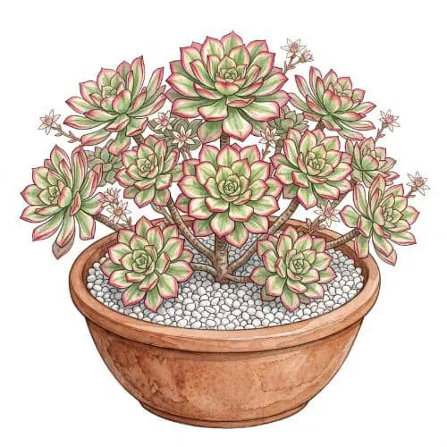 Aeonium haworthii com várias rosetas pequenas de bordas rosadas em ramos finos