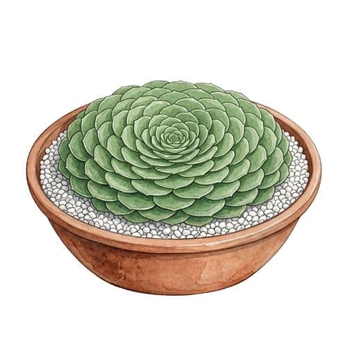 Aeonium tabuliforme com roseta achatada de folhas dispostas em espiral, vista de cima