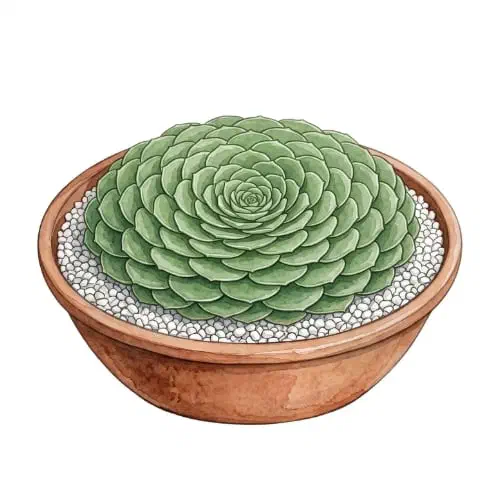 Aeonium tabuliforme com roseta achatada de folhas dispostas em espiral, vista de cima