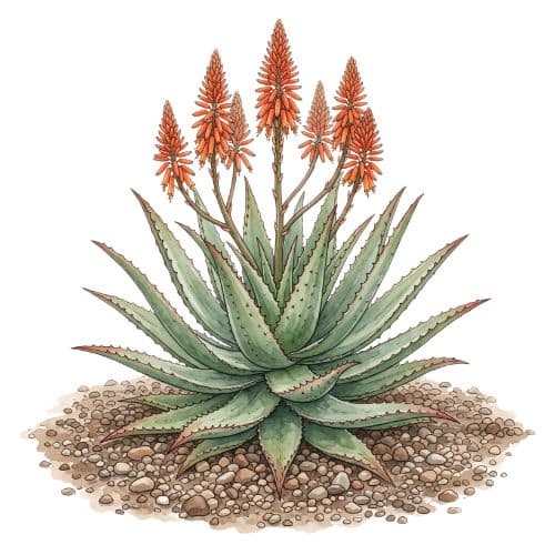 Aloe ferox com roseta grande de folhas espessas e espinhosas sobre tronco único