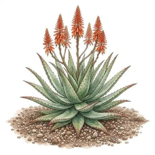 Aloe ferox com roseta grande de folhas espessas e espinhosas sobre tronco único