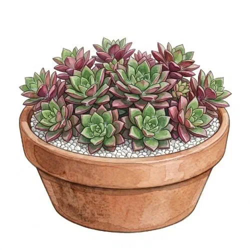 Anacampseros rufescens com rosetas pequenas de folhas verdes e verso vinho