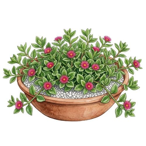 Aptenia cordifolia com folhas em forma de coração e flores rosa-magenta