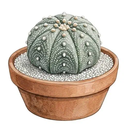 Astrophytum asterias achatado com oito gomos divididos por sulcos e aréolas brancas