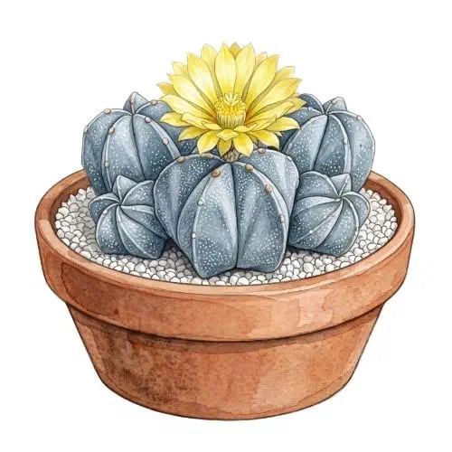 Astrophytum myriostigma globoso com cinco costelas e superfície coberta de pontinhos brancos