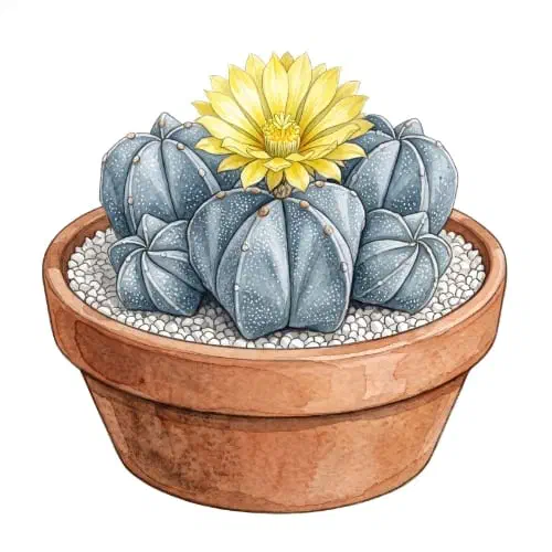 Astrophytum myriostigma globoso com cinco costelas e superfície coberta de pontinhos brancos