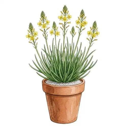 Bulbine frutescens com touceira de folhas cilíndricas e hastes de flores amarelas