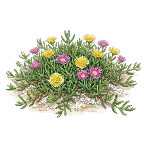 Carpobrotus edulis formando tapete de folhas triangulares grossas com flores amarelas