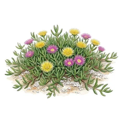 Carpobrotus edulis formando tapete de folhas triangulares grossas com flores amarelas