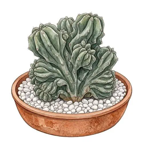 Cereus monstruoso com corpo verde-azulado irregular, cheio de calombos e pequenas pontas