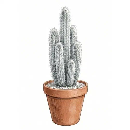 Cleistocactus strausii com colunas eretas esbranquiçadas e flores tubulares vermelhas