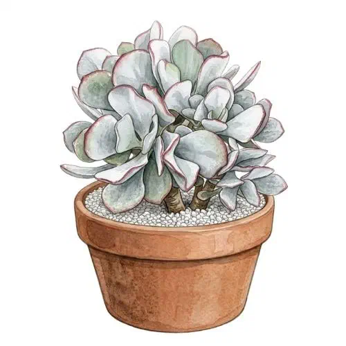 Cotyledon orbiculata com folhas arredondadas cinza-prateadas e bordas vermelhas