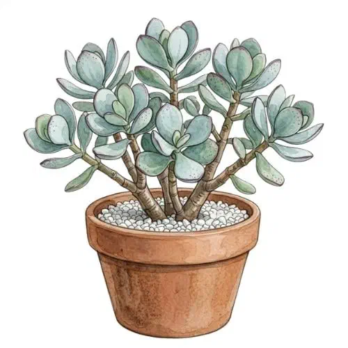 Crassula arborescens com folhas redondas prateadas e bordas avermelhadas