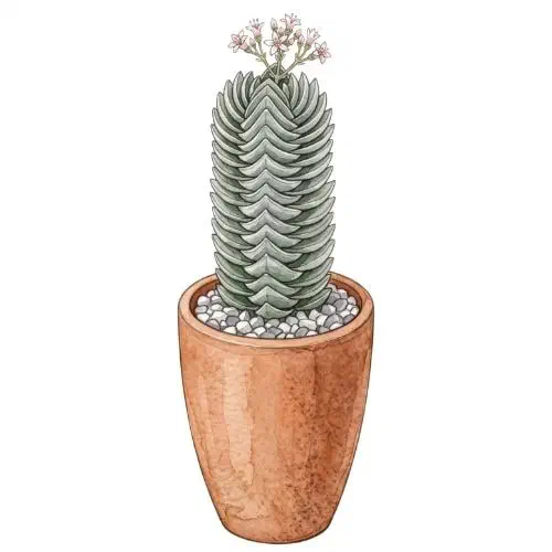 Crassula Buddha's Temple com folhas triangulares empilhadas formando colunas quadradas verde-acinzentadas