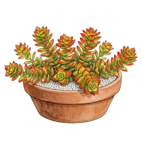Crassula capitella Campfire com folhas triangulares empilhadas em tons de verde-limão a vermelho intenso
