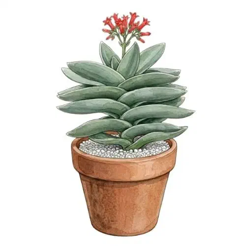Crassula falcata com folhas cinzentas em forma de foice dispostas em pares alternados