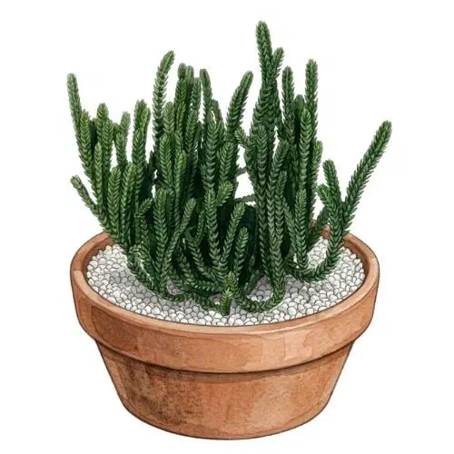 Crassula muscosa com hastes finas totalmente cobertas por folhas minúsculas sobrepostas