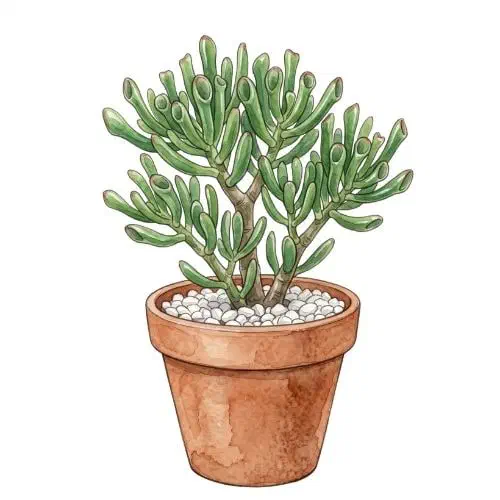 Crassula ovata Gollum com folhas tubulares verdes e pontas avermelhadas em forma de ventosa