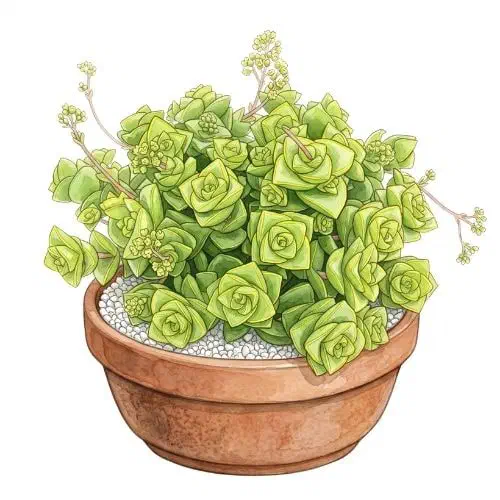 Crassula socialis formando tapete de rosetas verdes muito pequenas