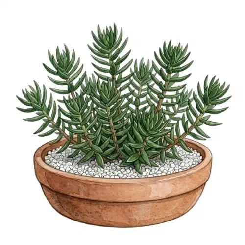Crassula tetragona com caule ereto e folhas cilíndricas pontudas dispostas em cruz