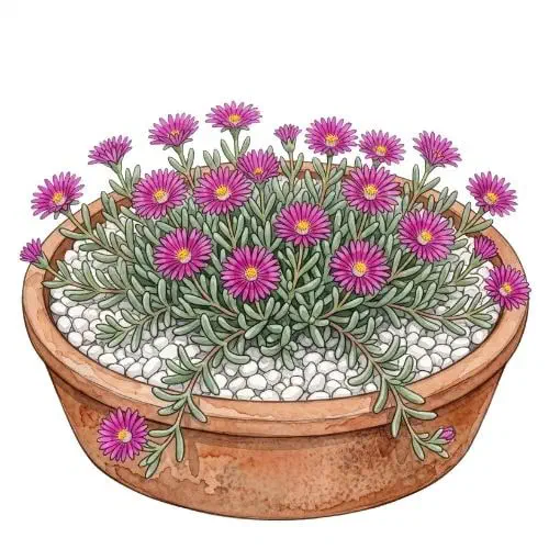 Delosperma cooperi com flores magenta abertas sobre folhas cilíndricas