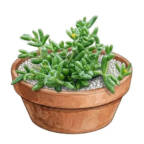 Delosperma echinatum com folhas ovais pequenas cobertas de cerdas brancas translúcidas