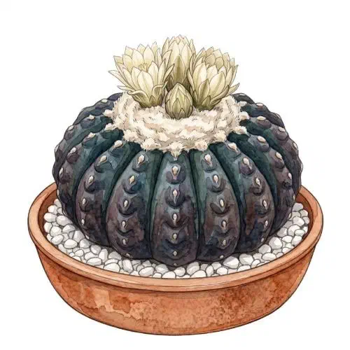 Discocactus horstii pequeno e achatado, com costelas finas e espinhos encostados ao corpo