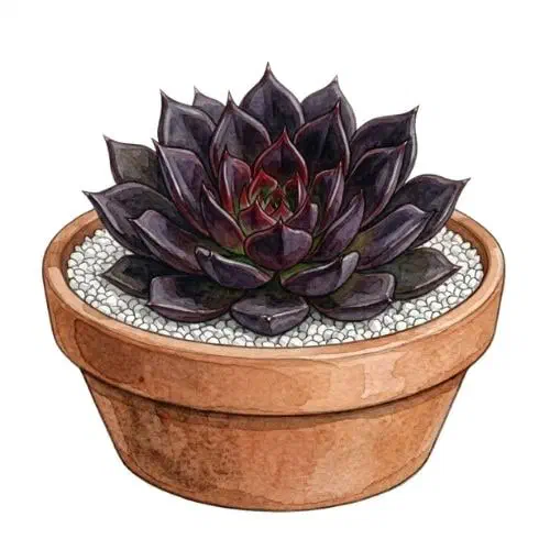 Echeveria Black Prince com roseta de folhas triangulares em tom marrom quase preto