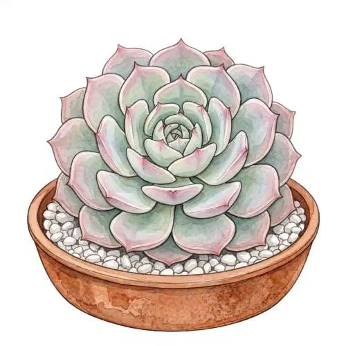 Echeveria Lola com roseta simétrica de folhas grossas em tom lilás-rosado claro