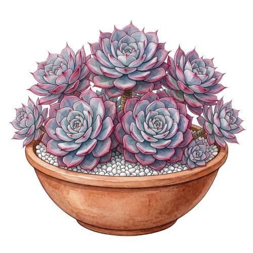 Echeveria Perle von Nürnberg com roseta lilás-acinzentada e pruína