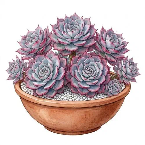 Echeveria Perle von Nürnberg com roseta lilás-acinzentada e pruína