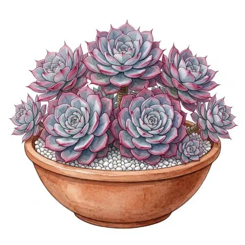 Echeveria Perle von Nürnberg com roseta lilás-acinzentada e pruína