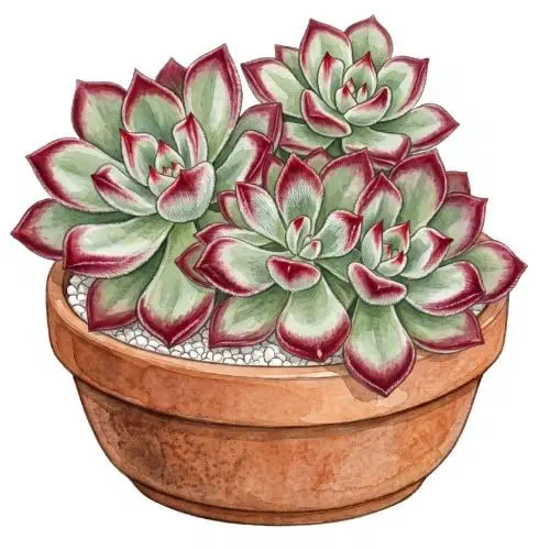 Echeveria pulvinata com folhas cobertas de pelos brancos e bordas avermelhadas