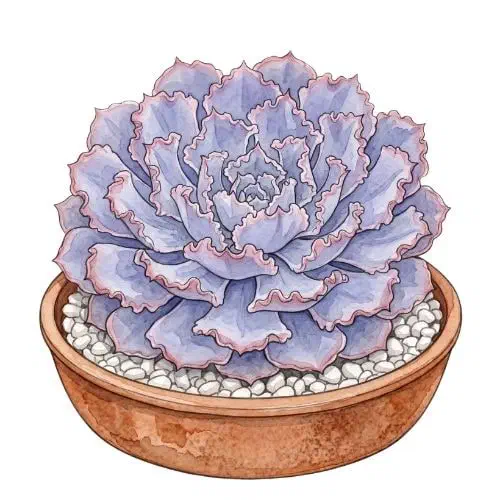 Echeveria shaviana com roseta de folhas cinza-rosadas e bordas fortemente onduladas