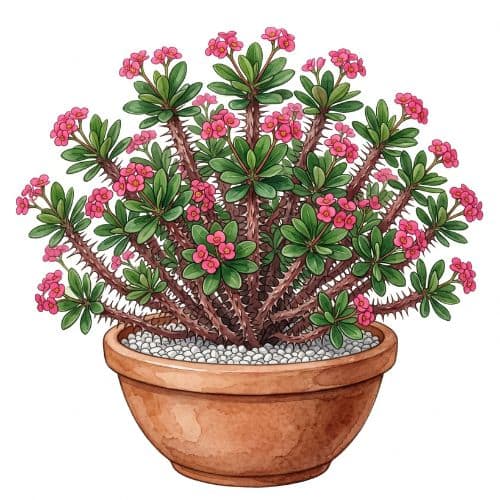 Euphorbia milii com brácteas vermelhas e caule coberto de espinhos