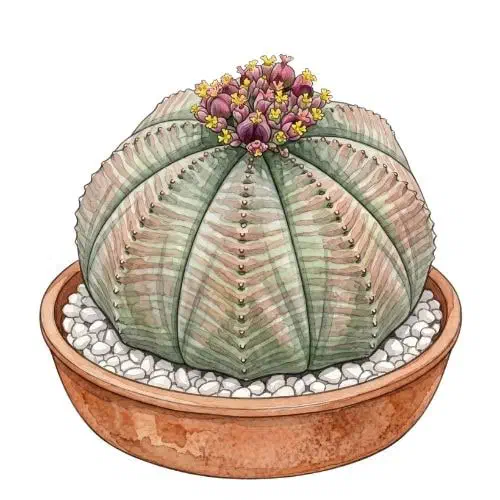 Euphorbia obesa esférica com costelas discretas e padrão listrado em xadrez