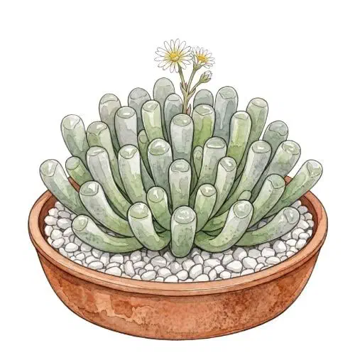 Fenestraria rhopalophylla com folhas cilíndricas agrupadas e topos translúcidos