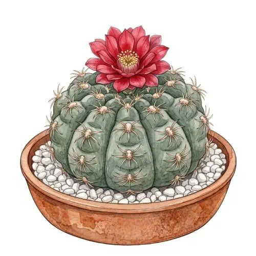 Gymnocalycium baldianum globoso verde-acinzentado com flor vermelha aberta no topo