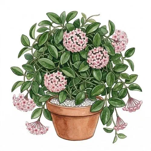 Hoya carnosa com folhas grossas e um buquê de flores em forma de estrela
