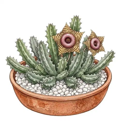 Huernia zebrina com caules curtos dentados e flor em estrela listrada com anel brilhante central