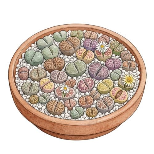 Lithops, suculentas com aparência de pedras em vaso com substrato mineral
