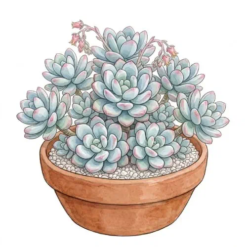 Pachyphytum oviferum, suculenta de folhas ovaladas cobertas por pruína clara