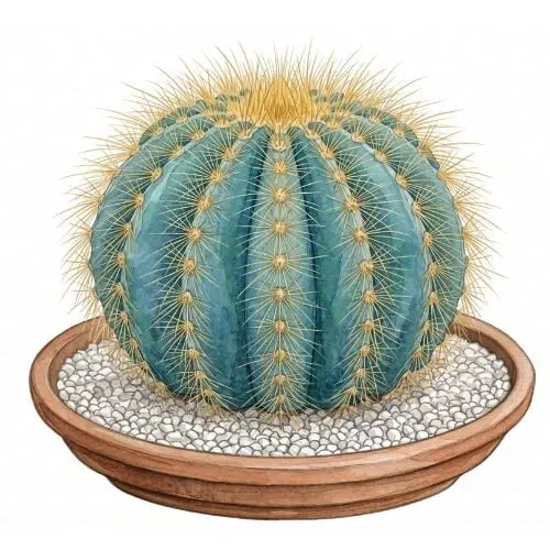 Parodia magnifica globosa verde-azulada com costelas marcadas e espinhos dourados