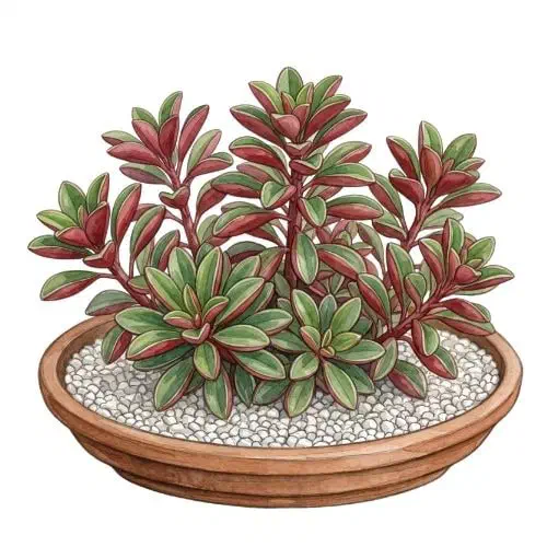 Peperomia graveolens com folhas dobradas em canoa, verdes por cima e vinho por baixo